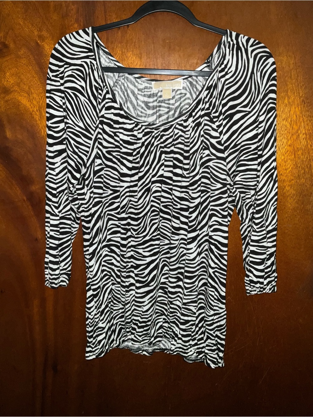 Michael Kors Black and White Zebra-Print Long Sleeve Scoop Neck Top
